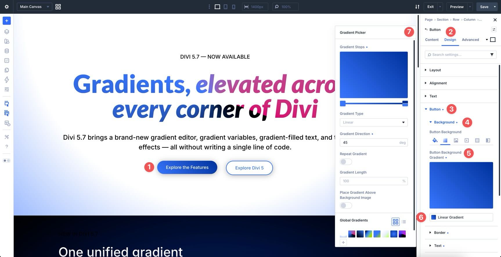 Gradient background applied to a button in Divi 5
