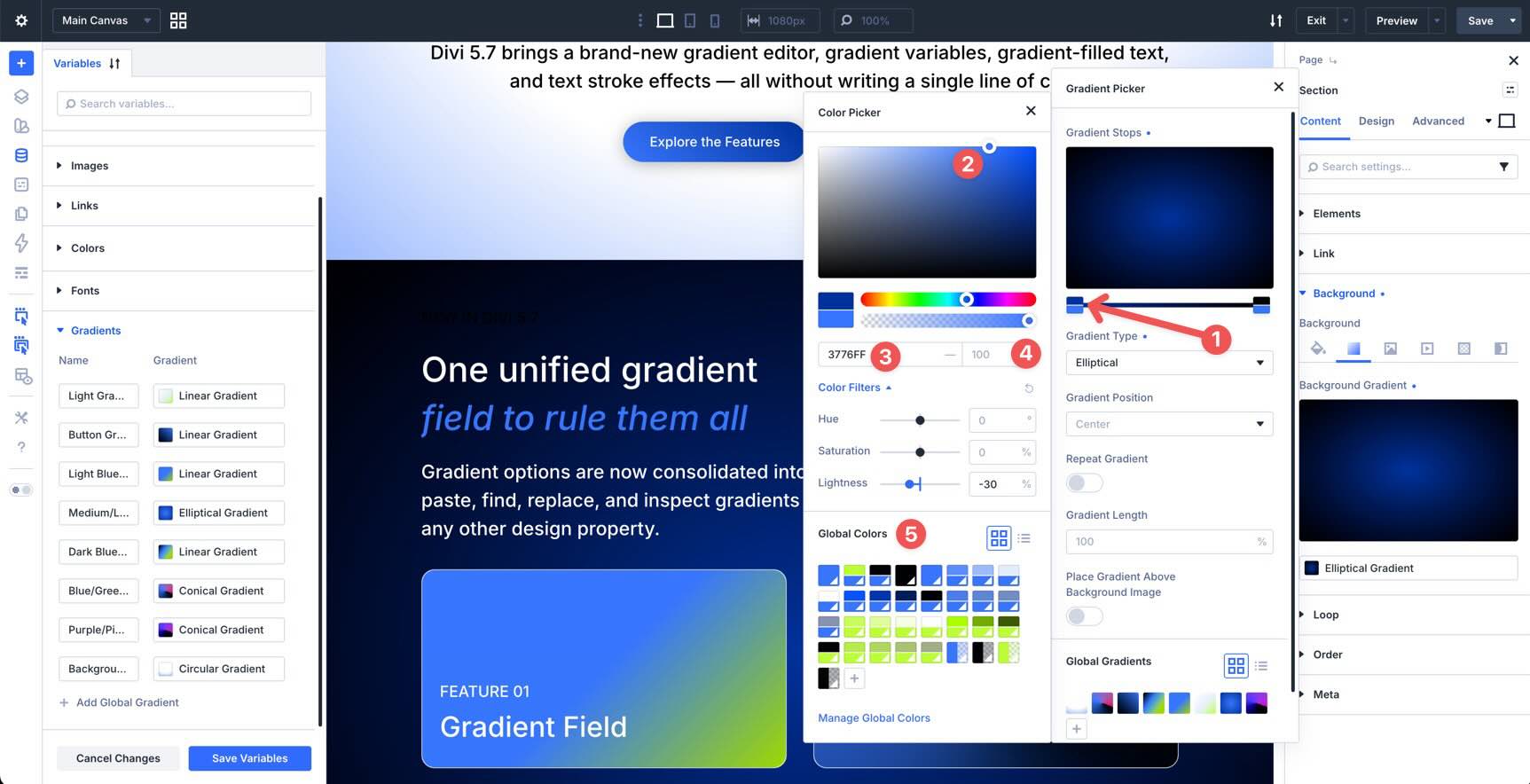 Color stop settings in the Divi 5 Gradient Picker