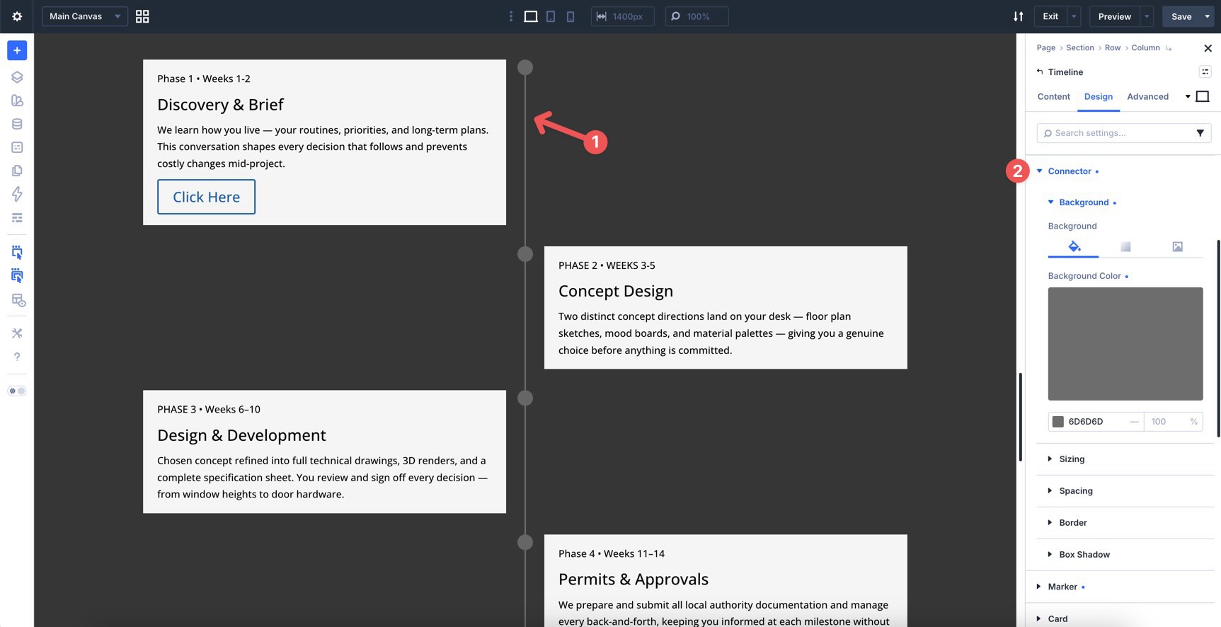 Connector option group in the Divi 5 Timeline module