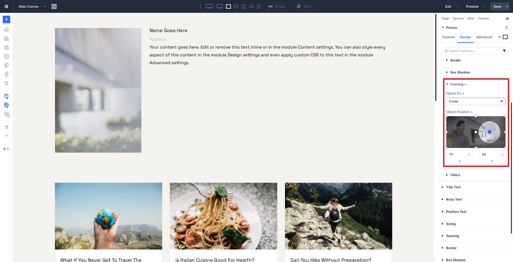 Setting Object Fit and Object Position for a Person module image