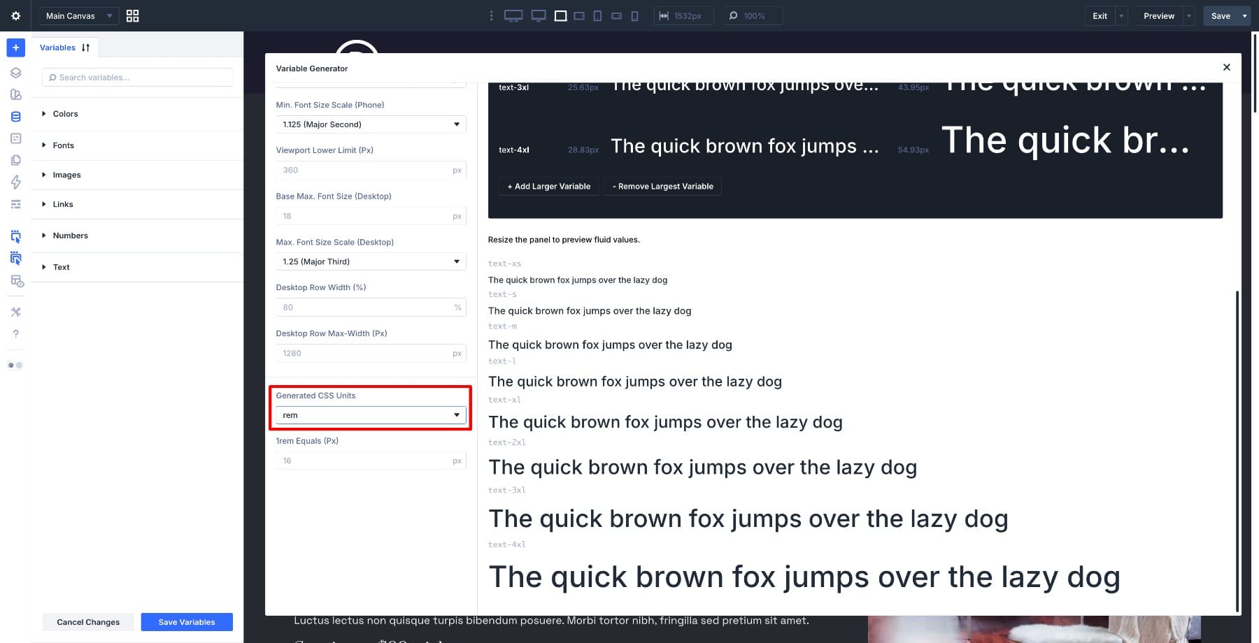 Generated CSS units and rem settings in Divi 5 Variable Generator