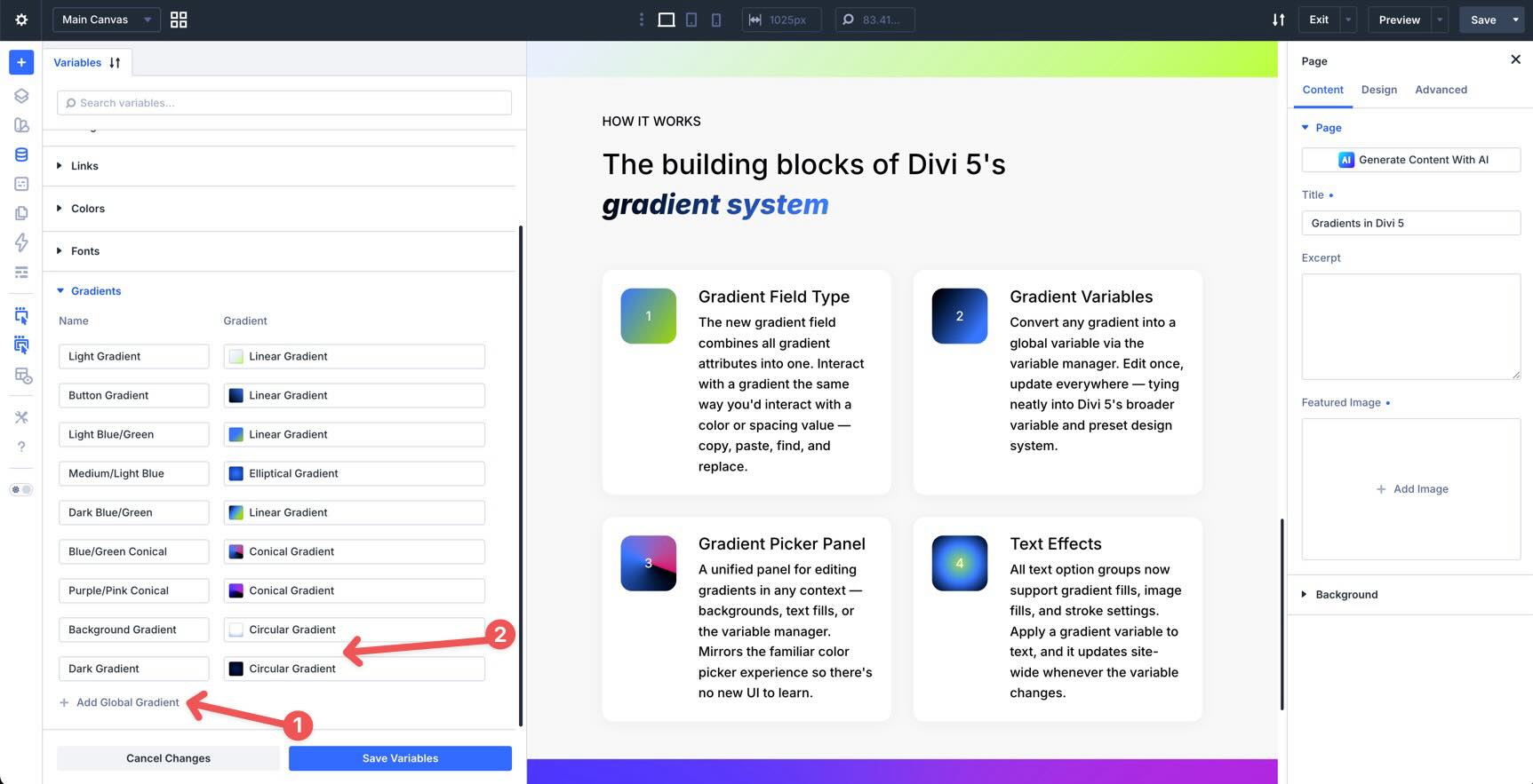 Create or edit Gradient Variables in Divi 5