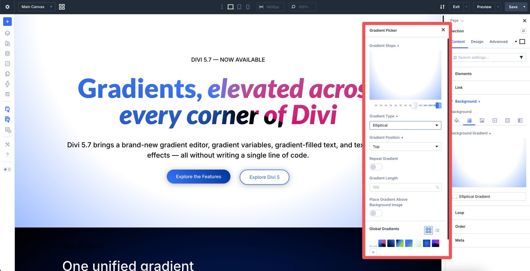 Elliptical gradient controls in the Divi 5 Gradient Picker