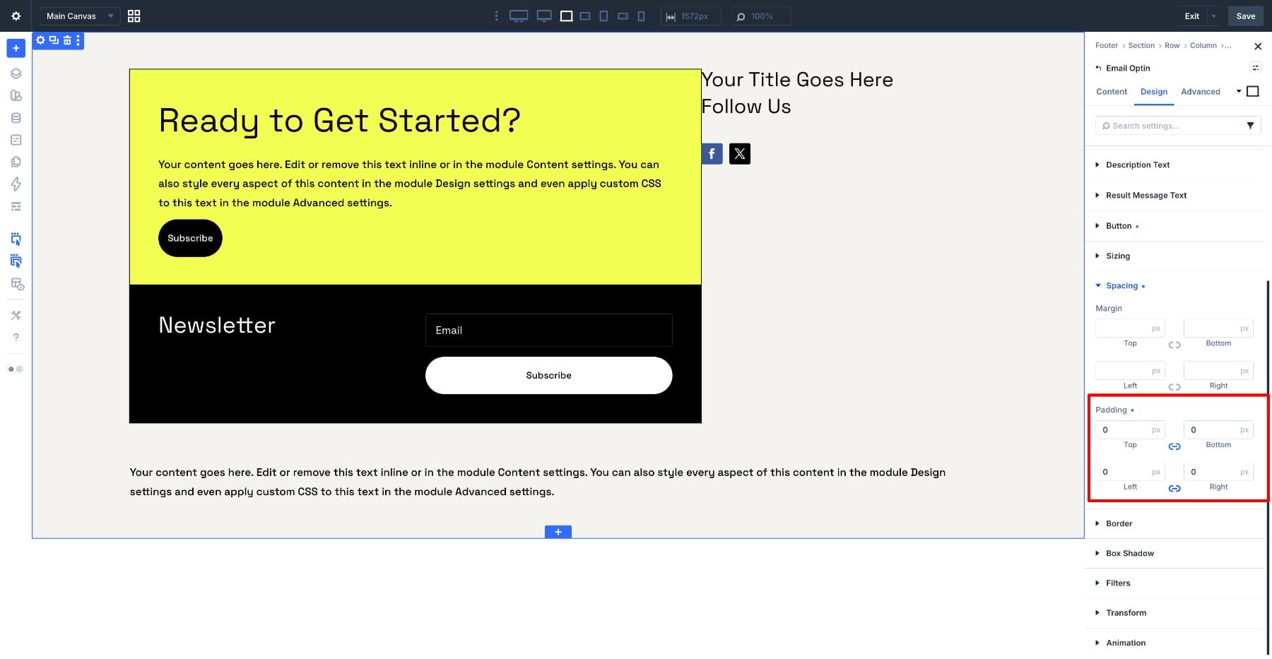 Setting the Email Optin module padding to zero in Divi 5