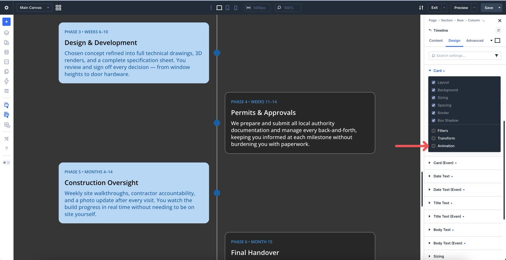 Animation option group enabled with Composable Settings in Divi 5