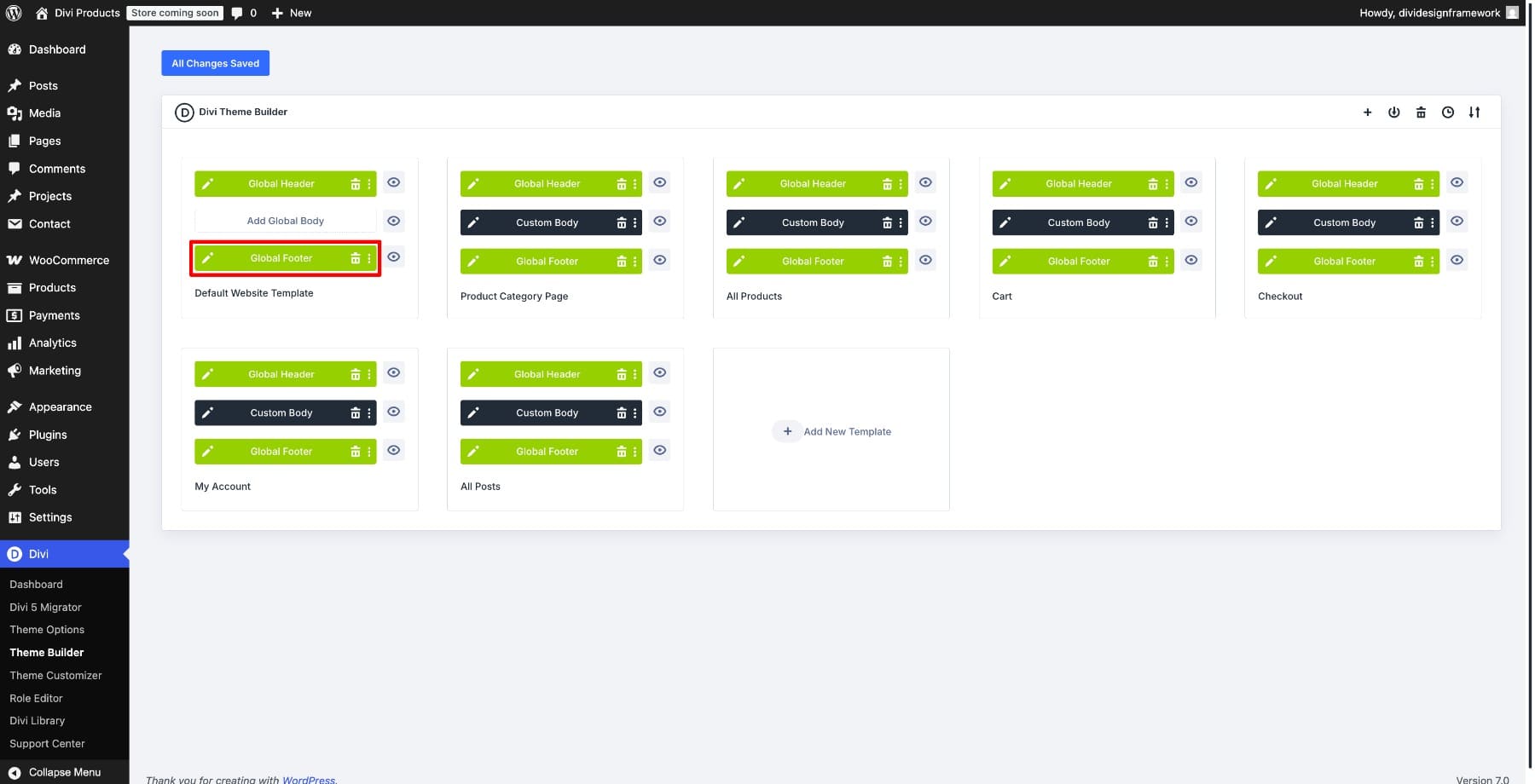Global Footer template in the Divi Theme Builder