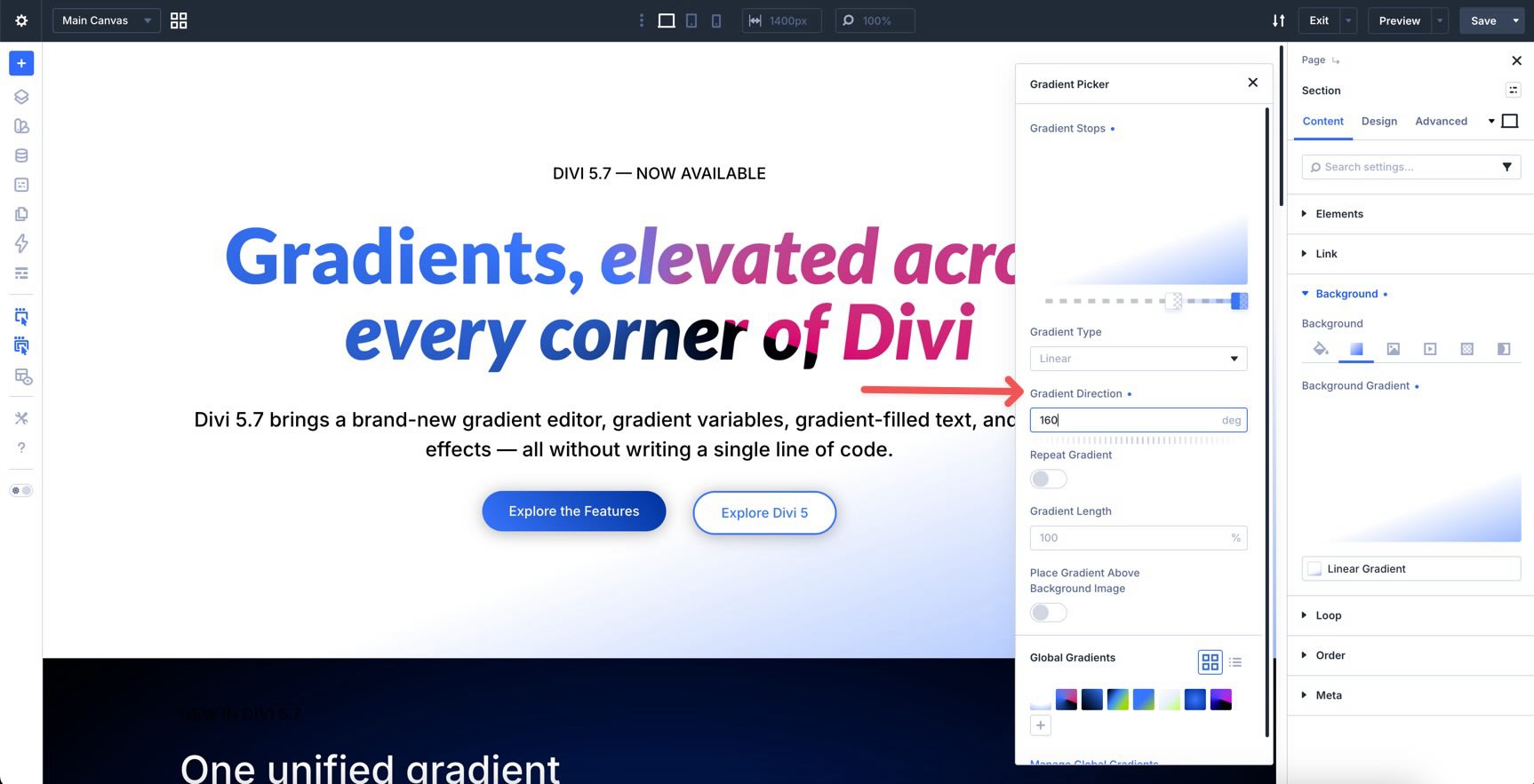 Gradient direction control in Divi 5