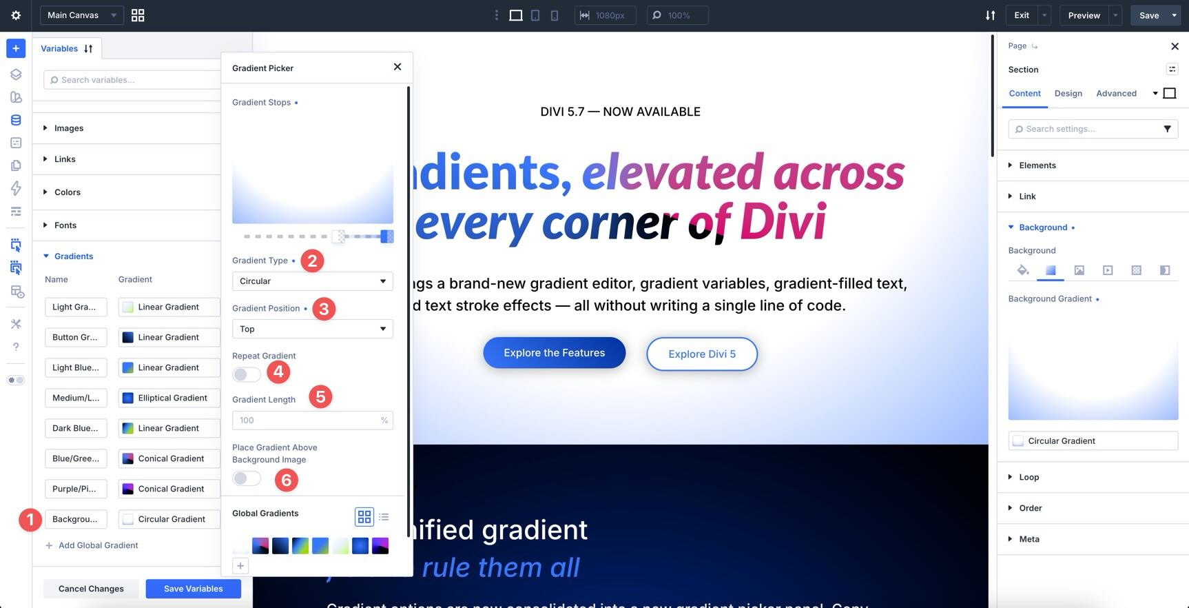 Advanced Gradient Picker settings in Divi 5