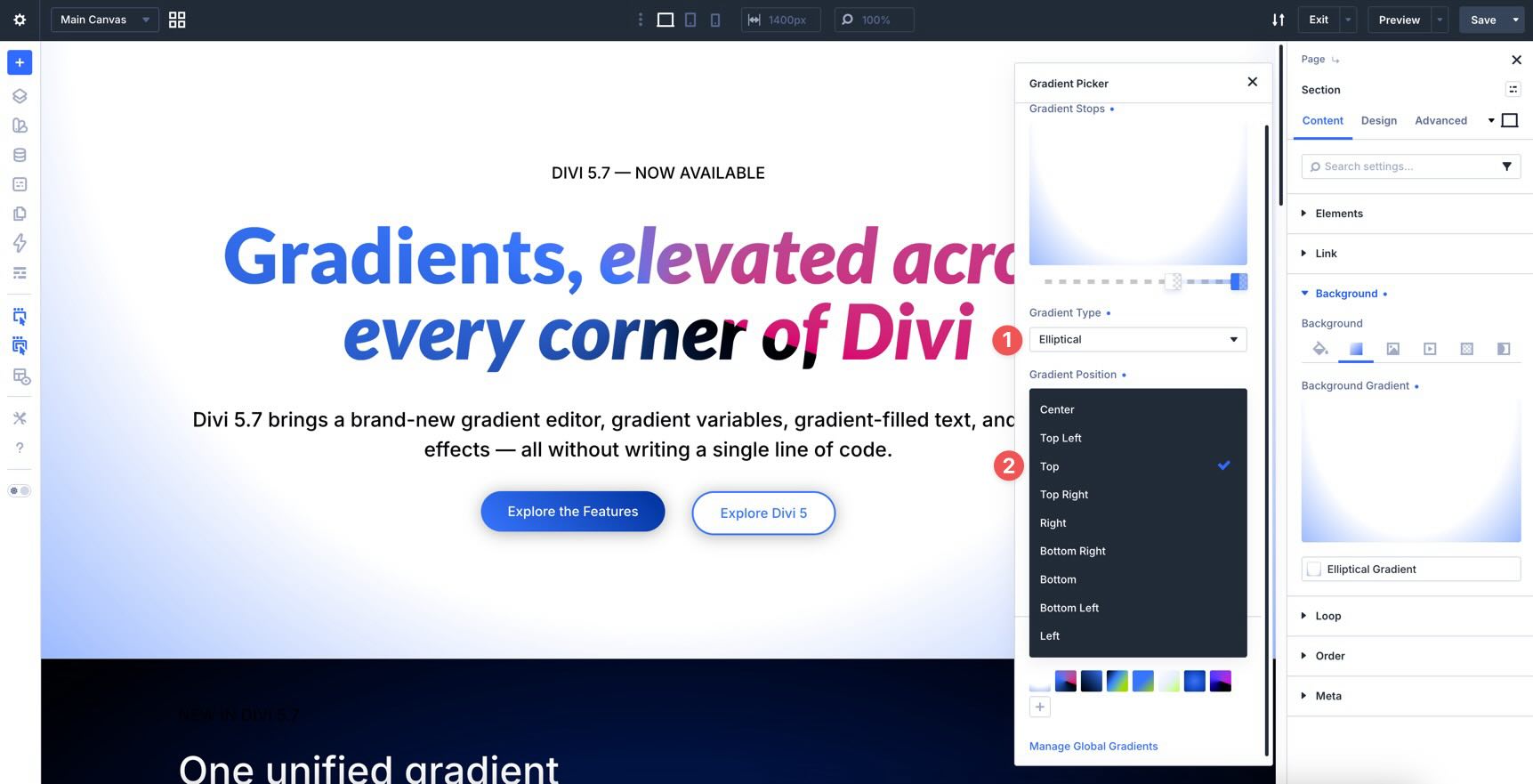 Gradient position selector in Divi 5