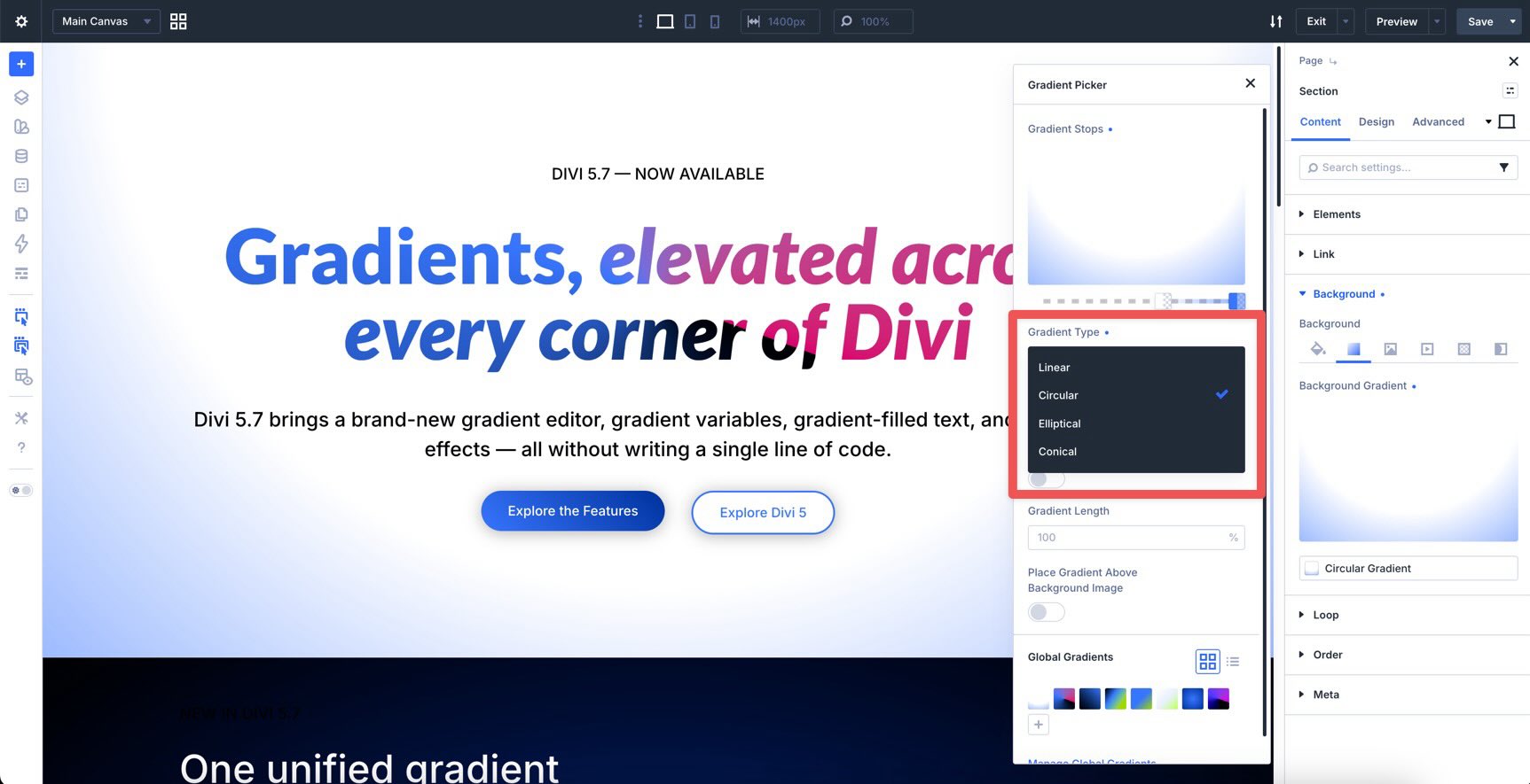 Choose a gradient type in Divi 5