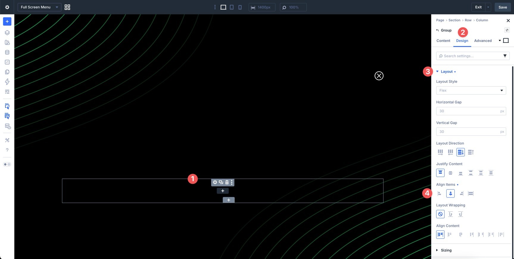 Group module Flexbox settings for a Divi 5 menu loop