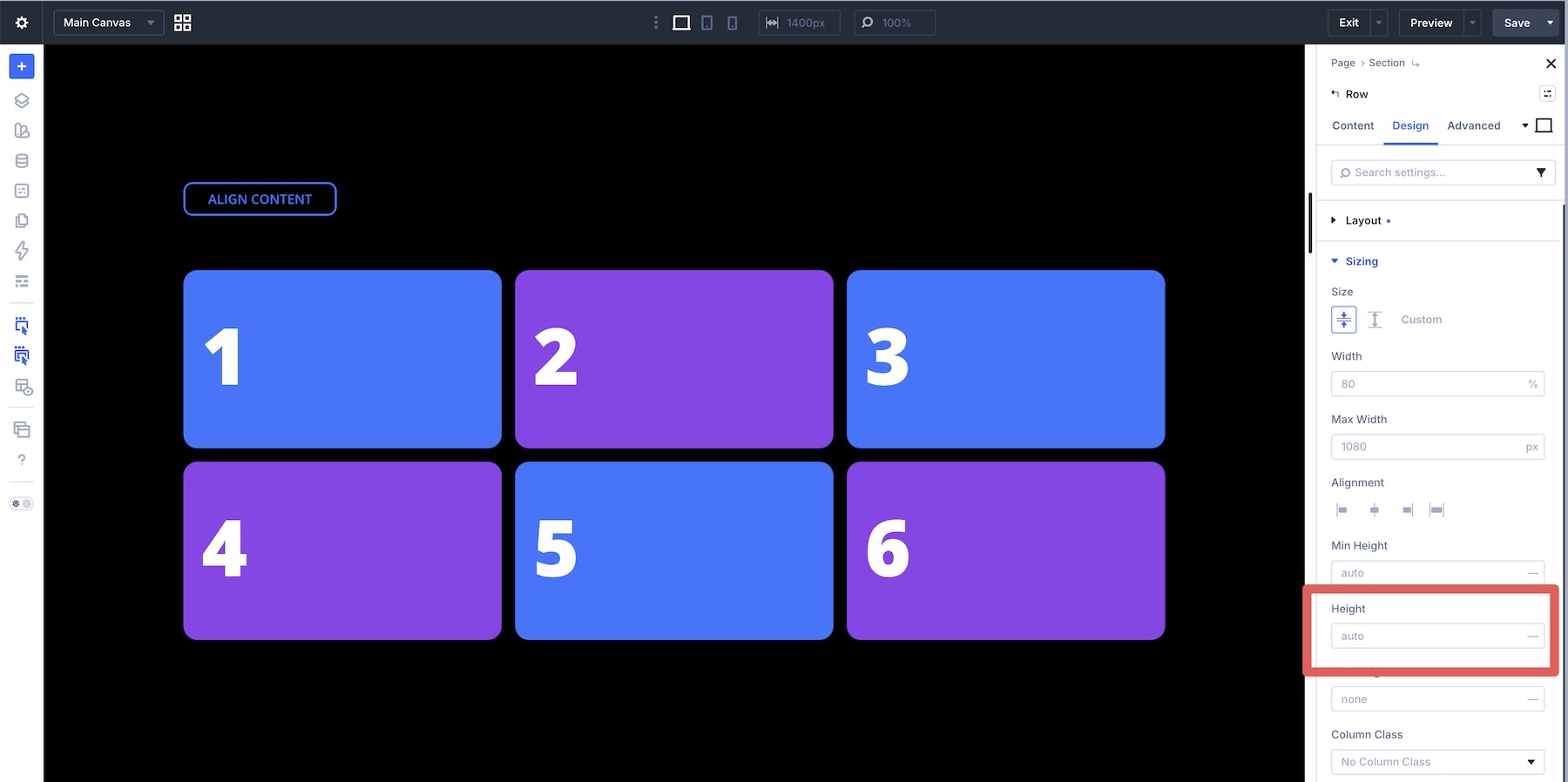 height auto in Divi 5 sizing tab