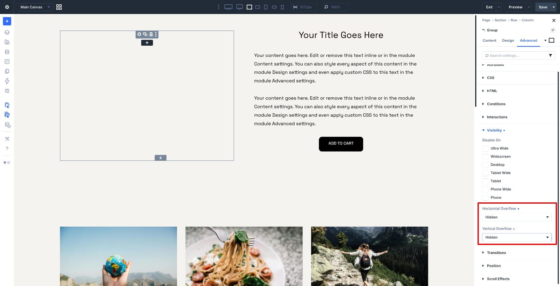 Setting Group module overflow to hidden in Divi 5