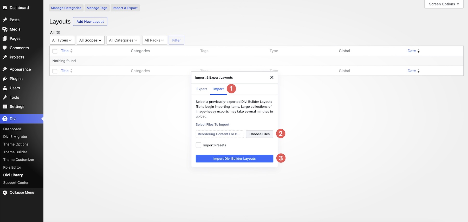 import divi builder layouts