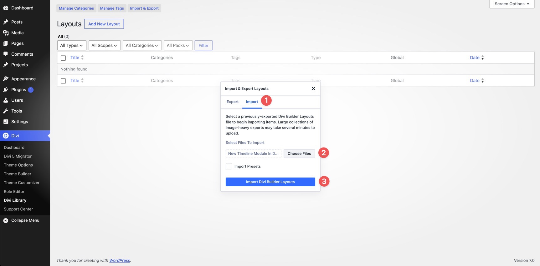 Import Divi Builder layout file