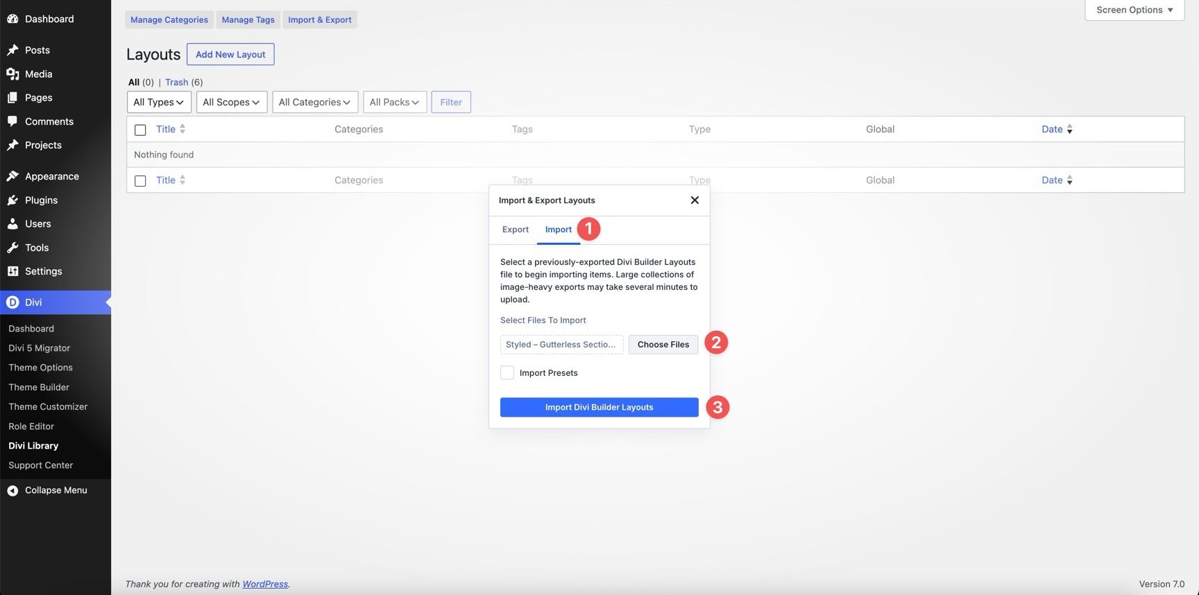 import layouts into Divi 5