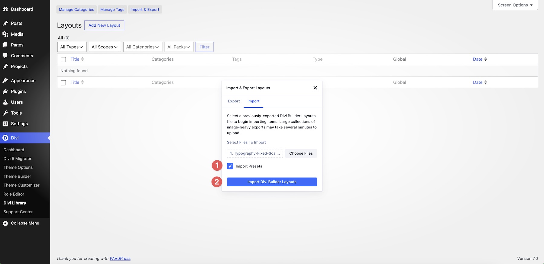 import presets into the Divi Library