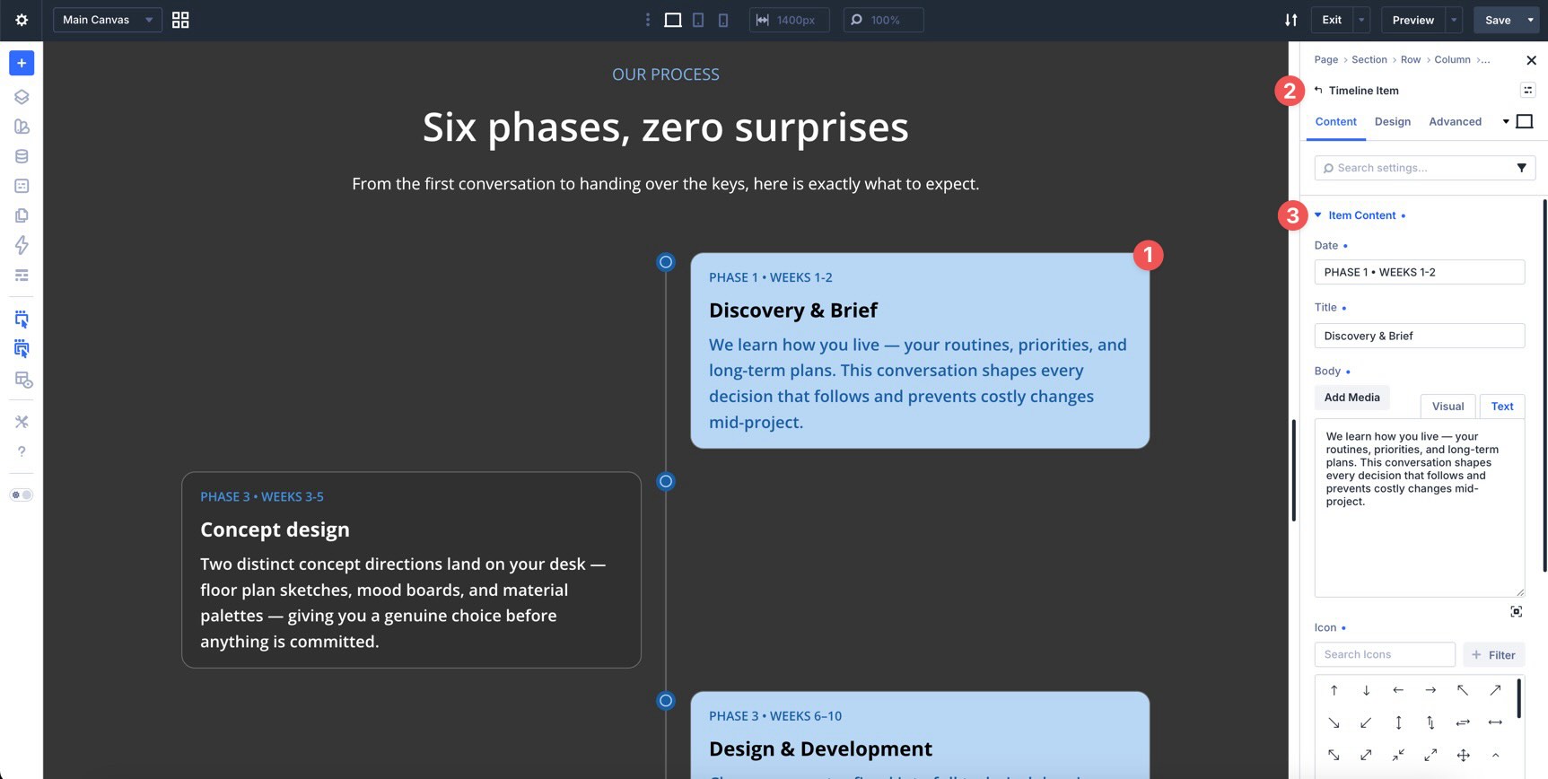 Individual Timeline Item child module in Divi 5