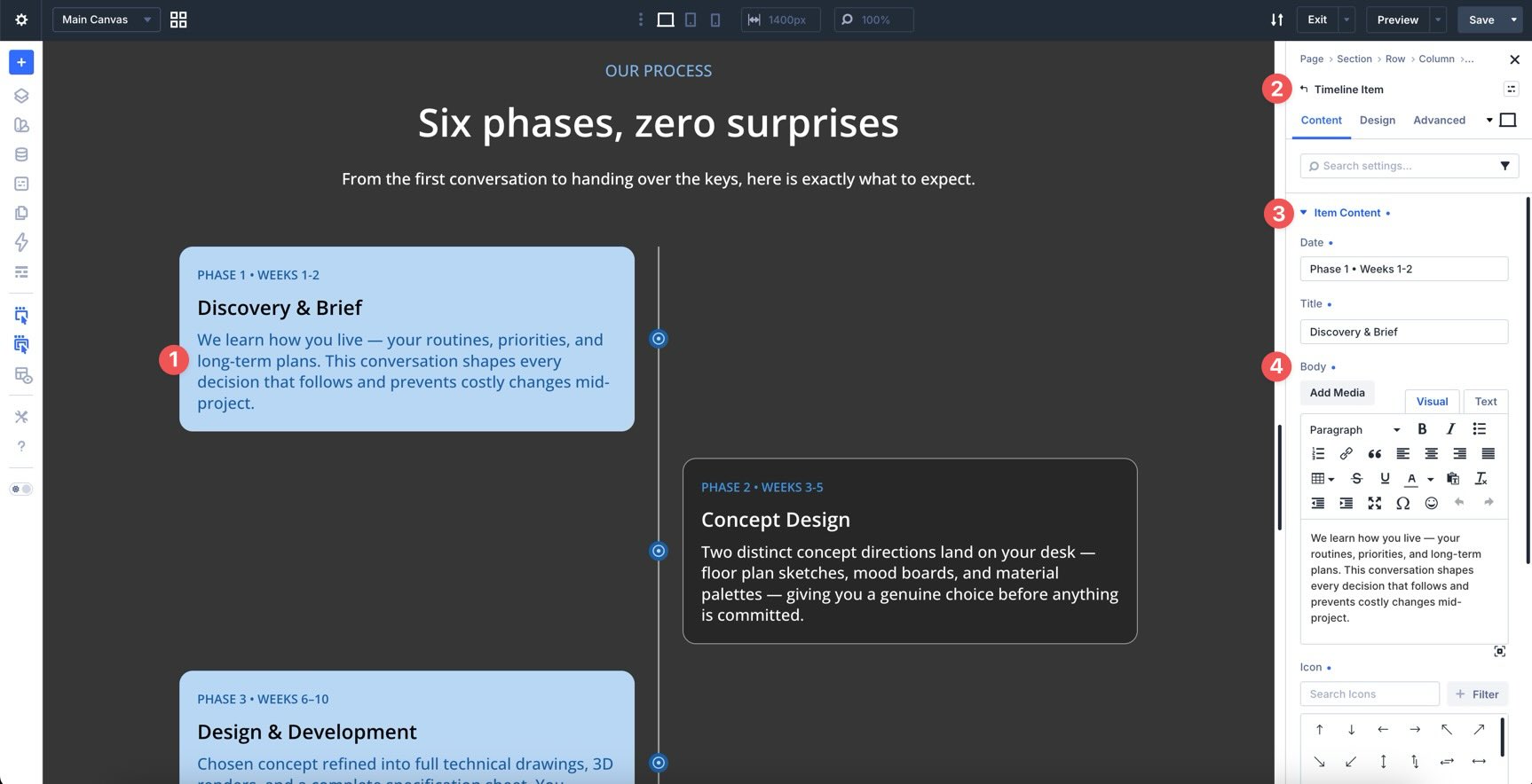 Concise timeline body copy in Divi 5