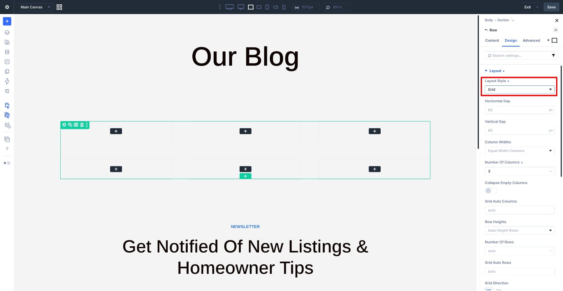 Confirming the row layout style is set to Grid