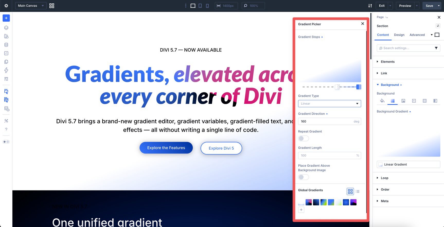 Linear gradient controls in Divi 5 Gradient Picker
