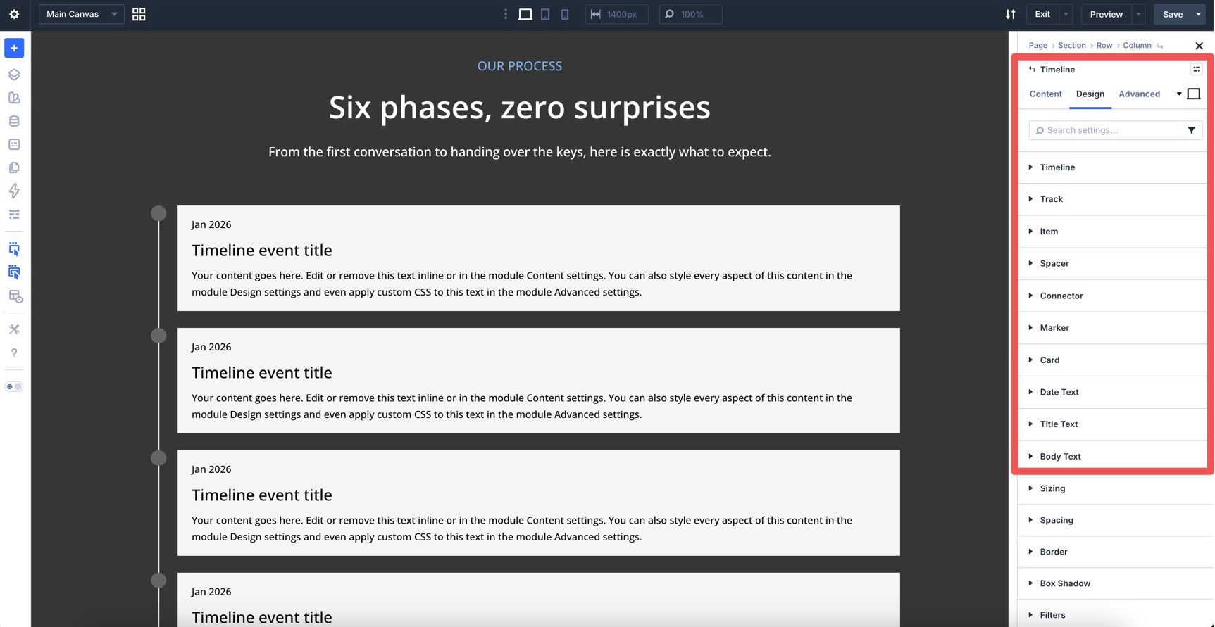 Main Timeline module settings in Divi 5