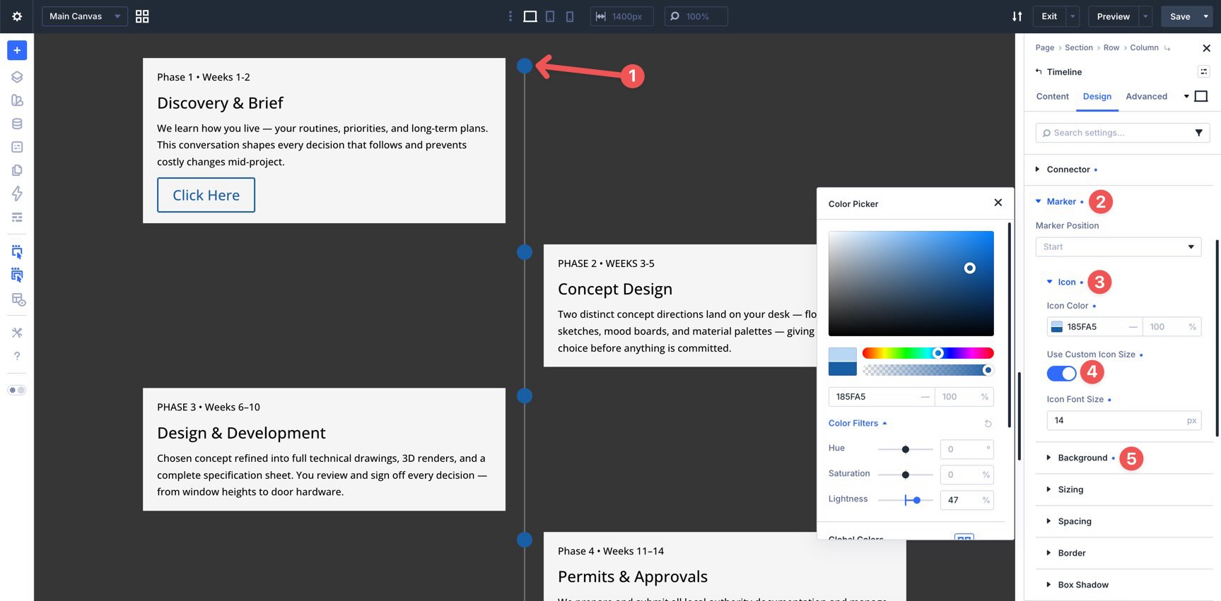 Marker option group in the Divi 5 Timeline module