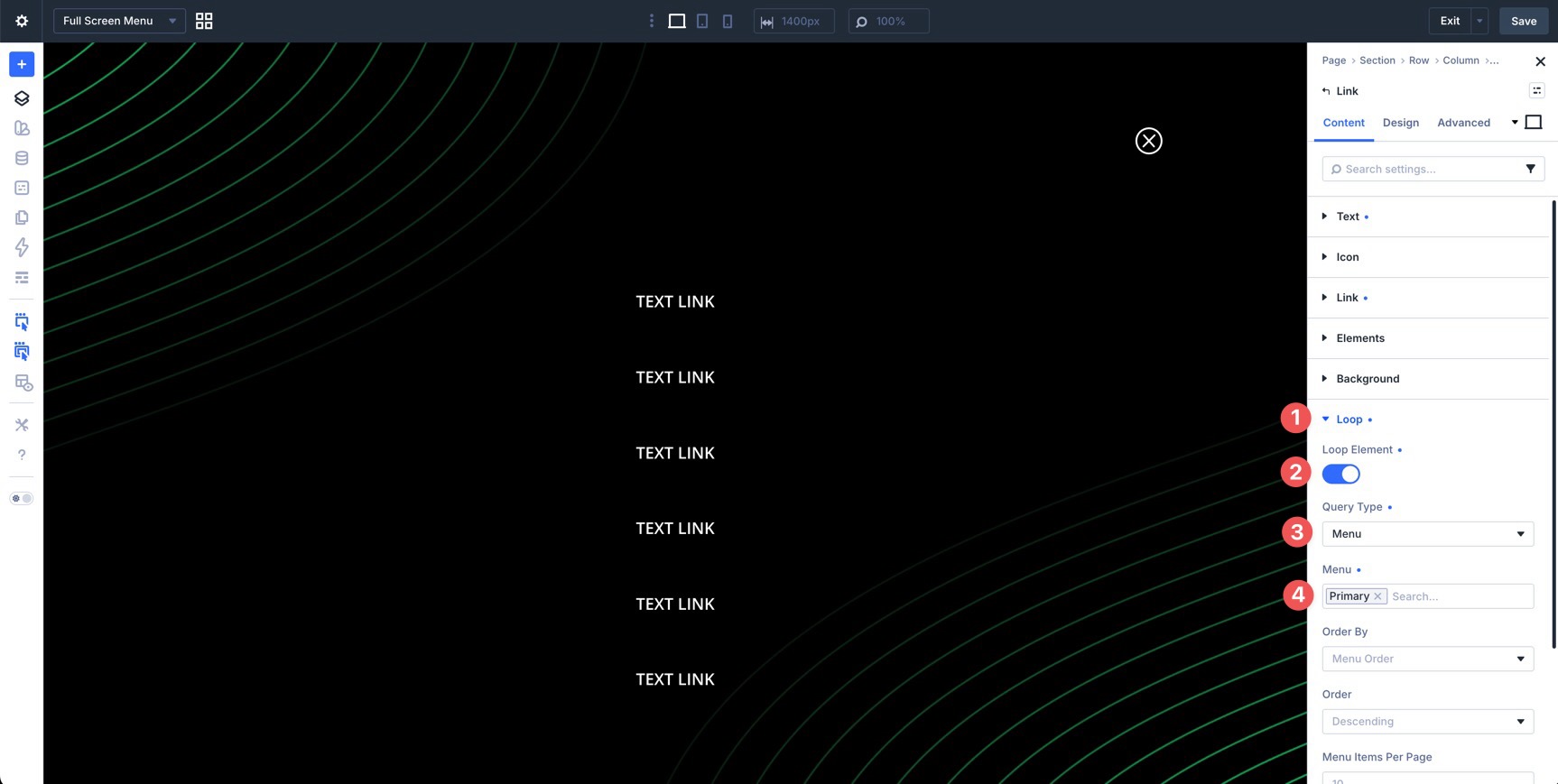 Menu loop settings for a Divi 5 full-screen menu