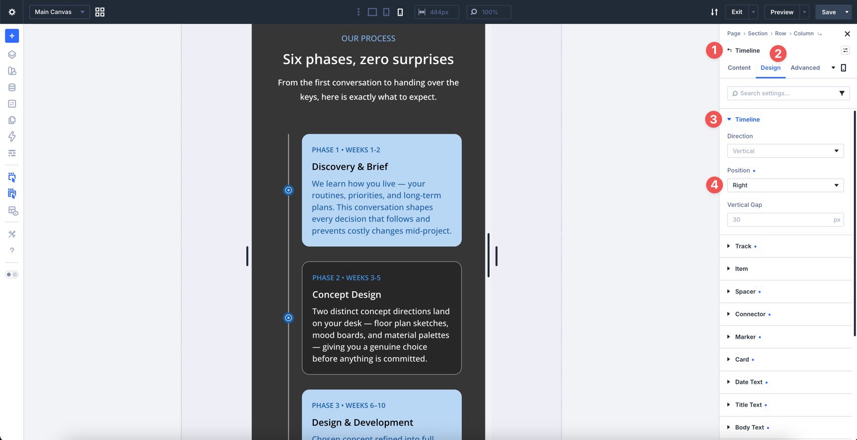 Mobile timeline positioning settings in Divi 5