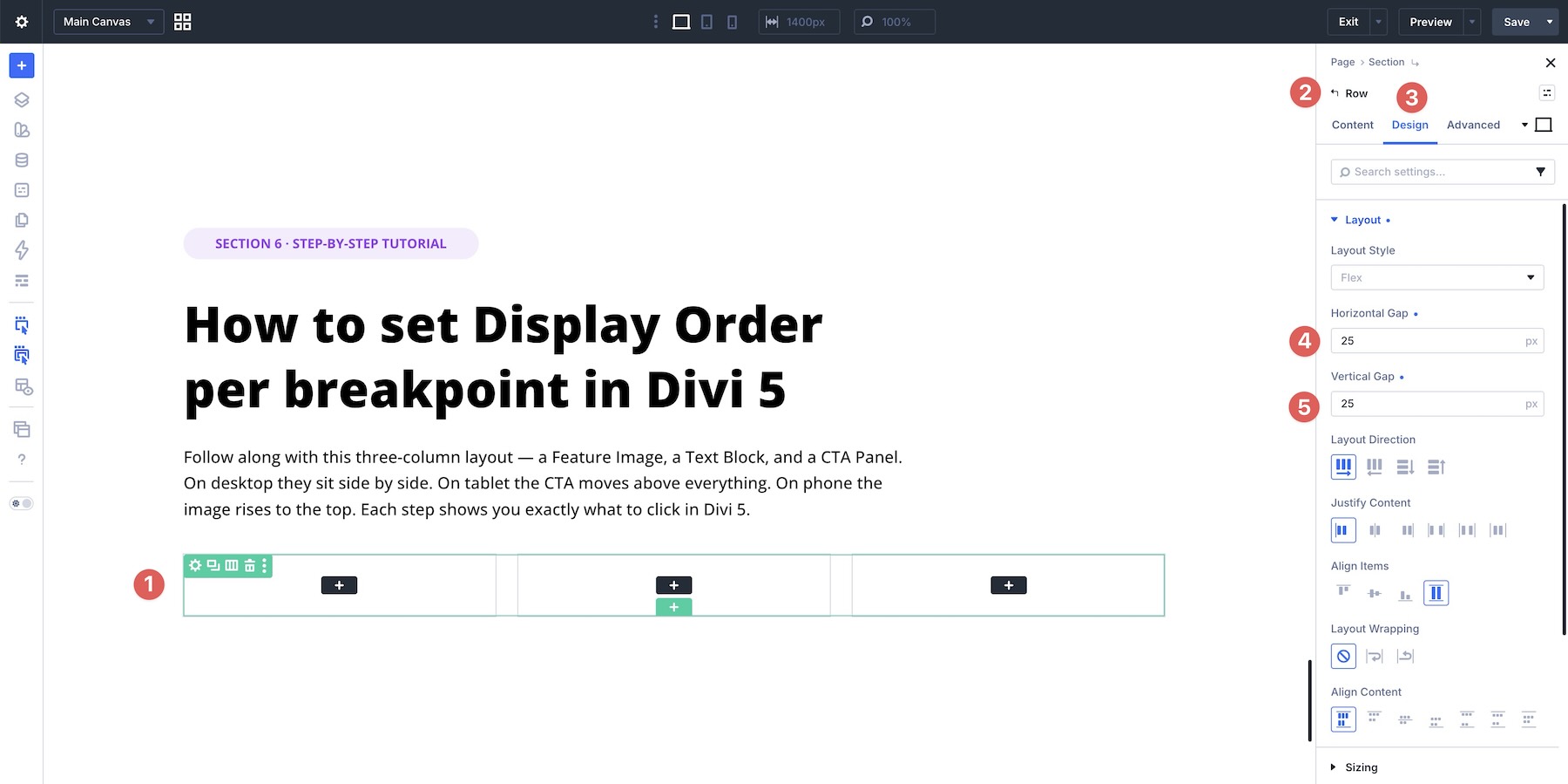 adding a three column row to Divi 5
