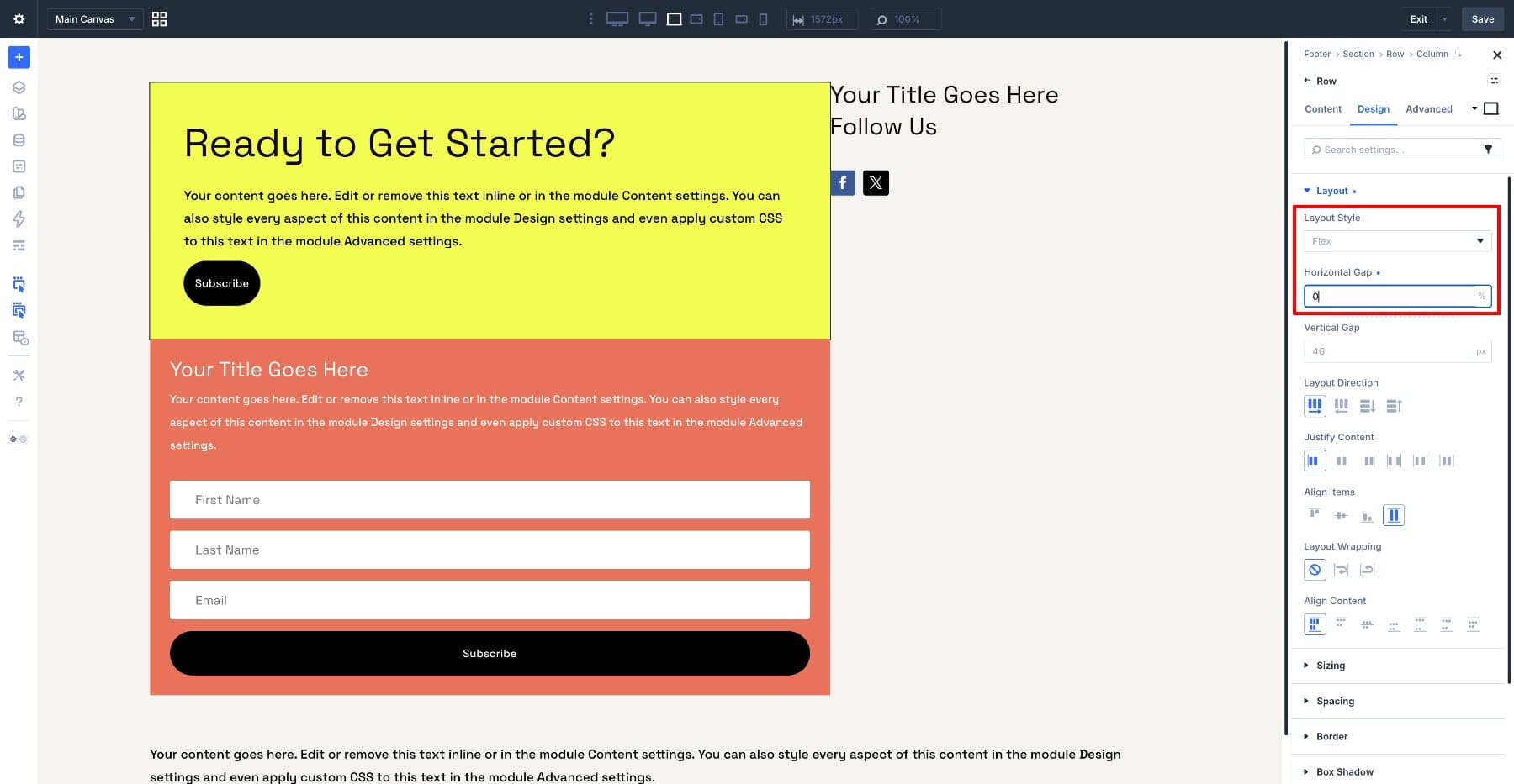 Newsletter row Flexbox layout settings in Divi 5