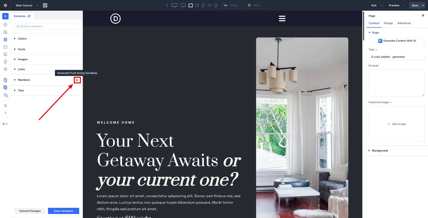 Generate Fluid Sizing Variables option in Divi 5 Variable Manager