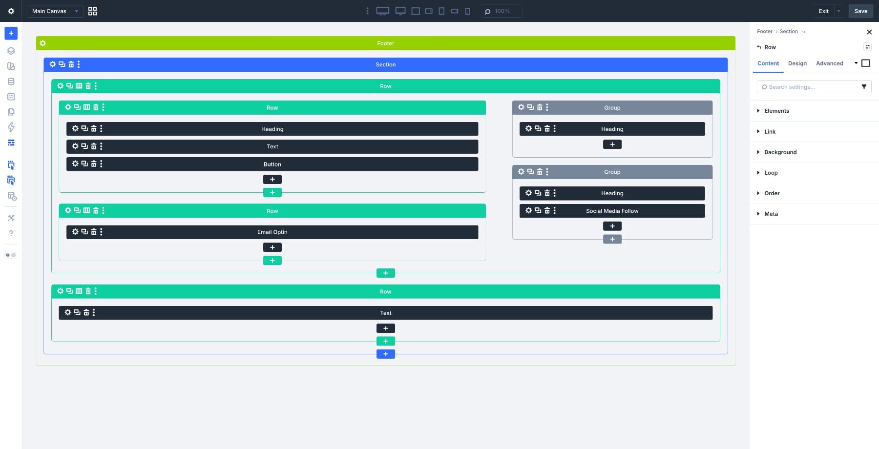 Wireframe view of the Divi 5 footer structure