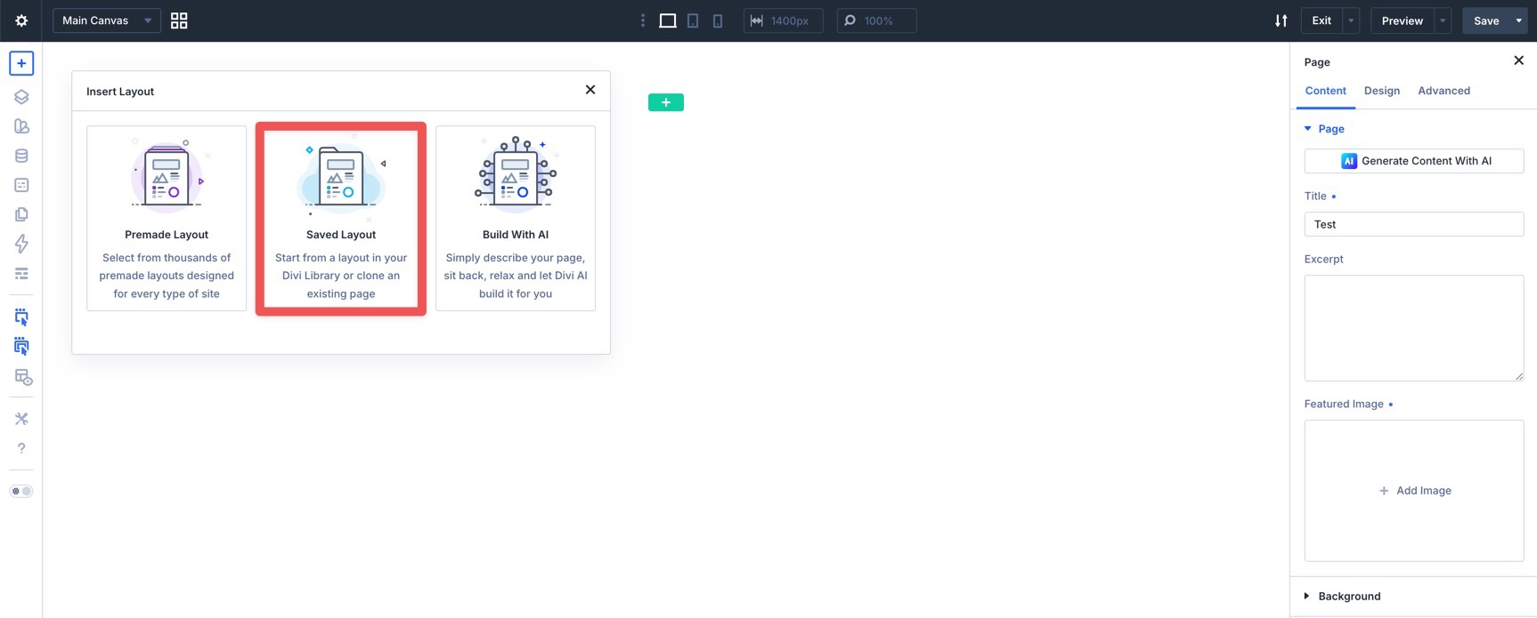 Saved Layout option in the Divi 5 Insert Layout modal