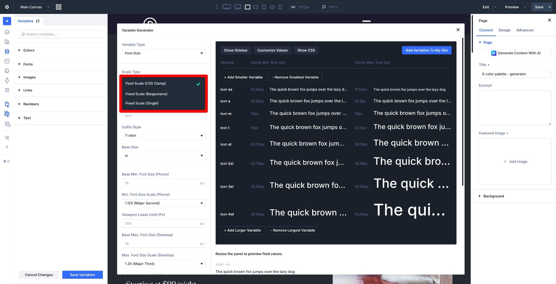 Font size scale type options in Divi 5 Variable Generator