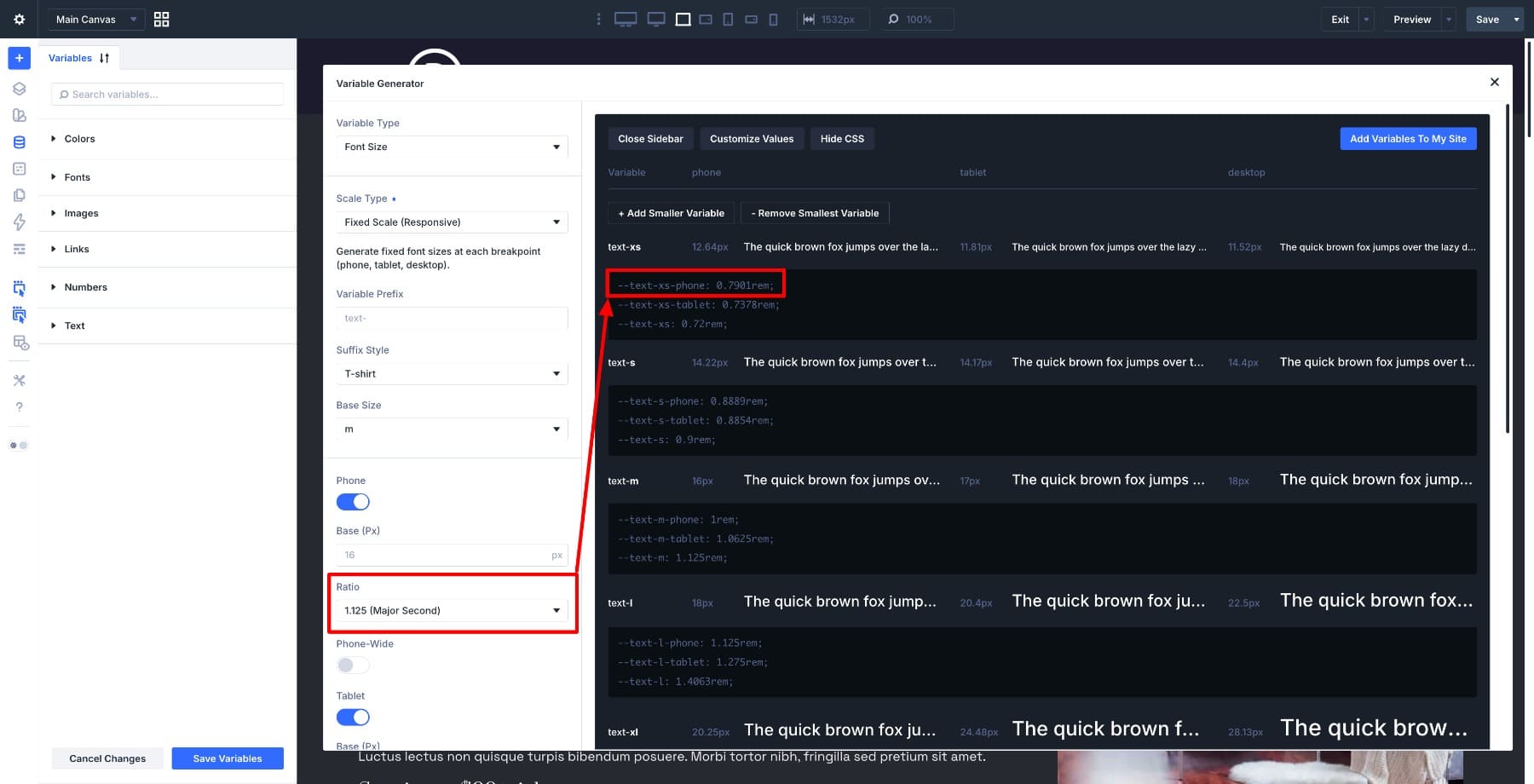 Scaling ratios for Fixed Responsive font variables in Divi 5