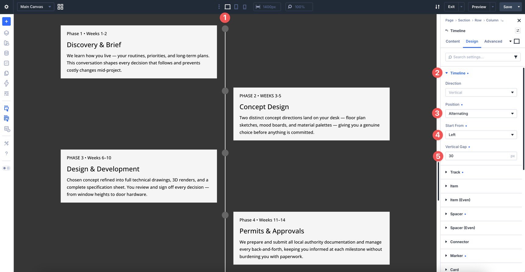 Timeline layout settings in Divi 5