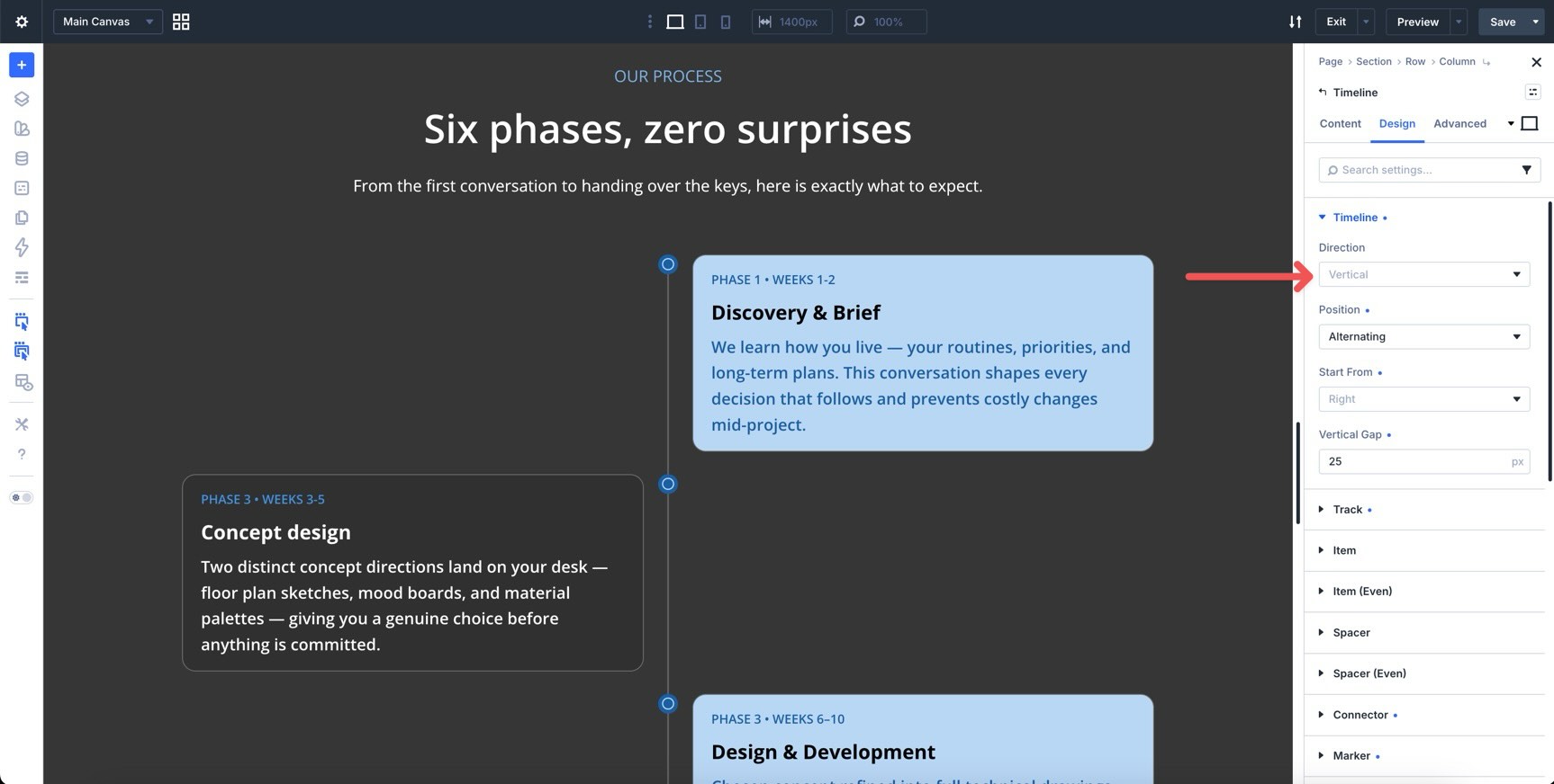Timeline direction settings in the Divi 5 Timeline module
