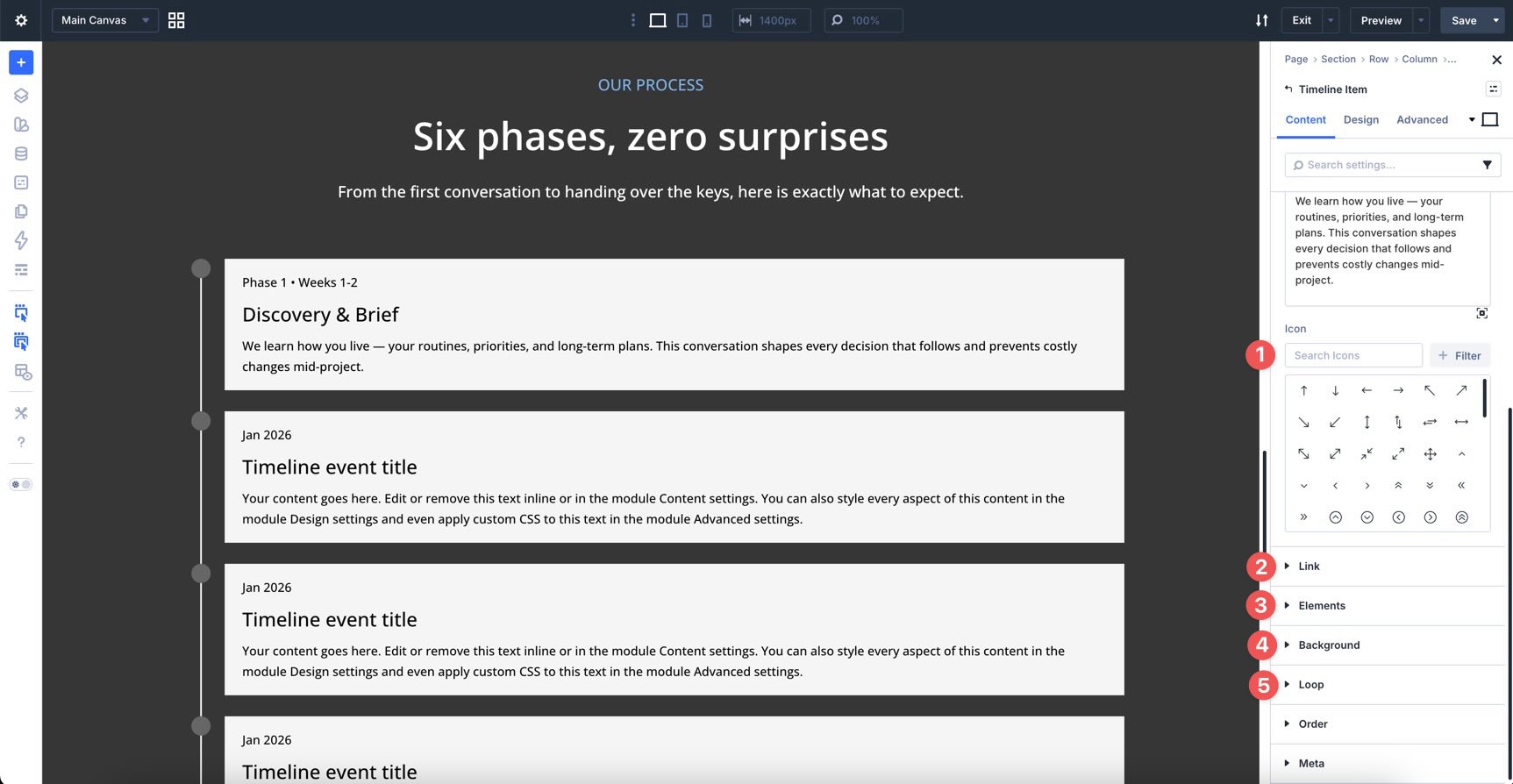 Timeline Item content settings in Divi 5