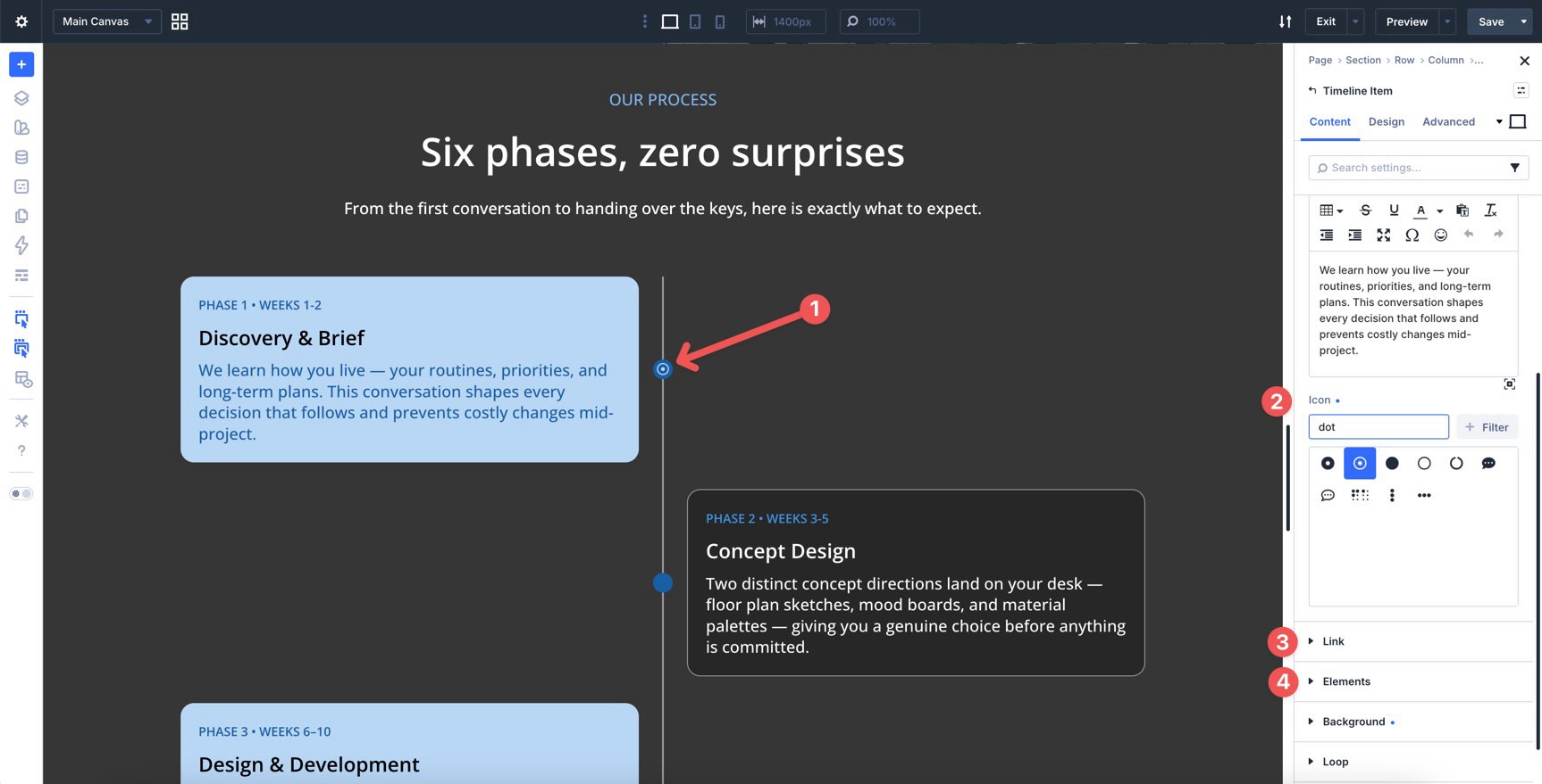 Individual Timeline Item content settings in Divi 5