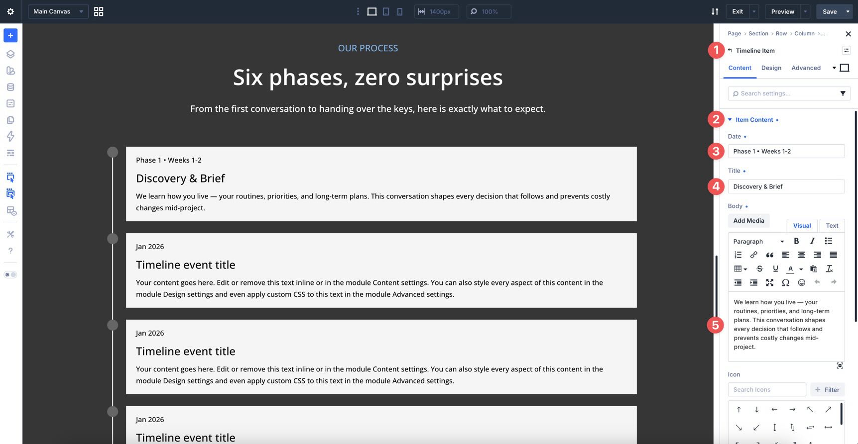 Timeline Item date title and body fields in Divi 5