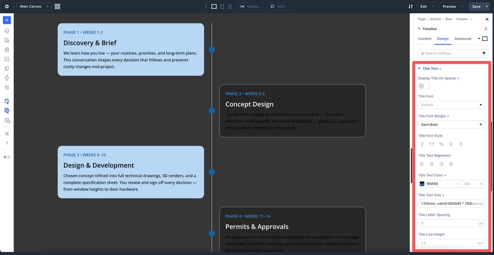 Title Text option group in the Divi 5 Timeline module
