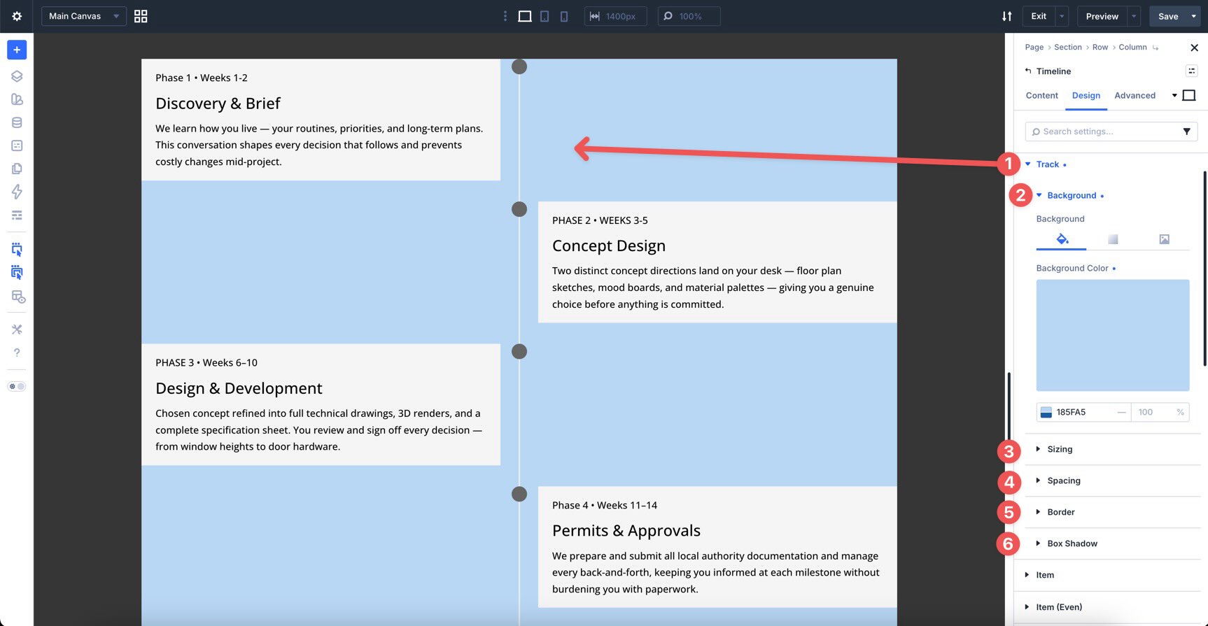 Track option group in the Divi 5 Timeline module