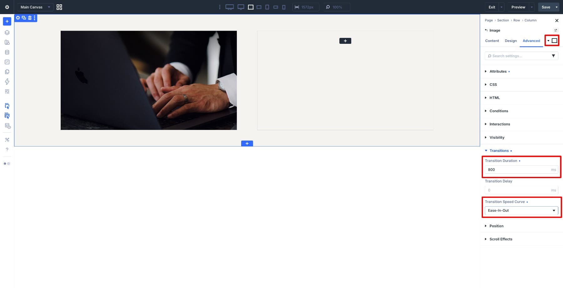 Transition settings for the Focal Glide hover effect