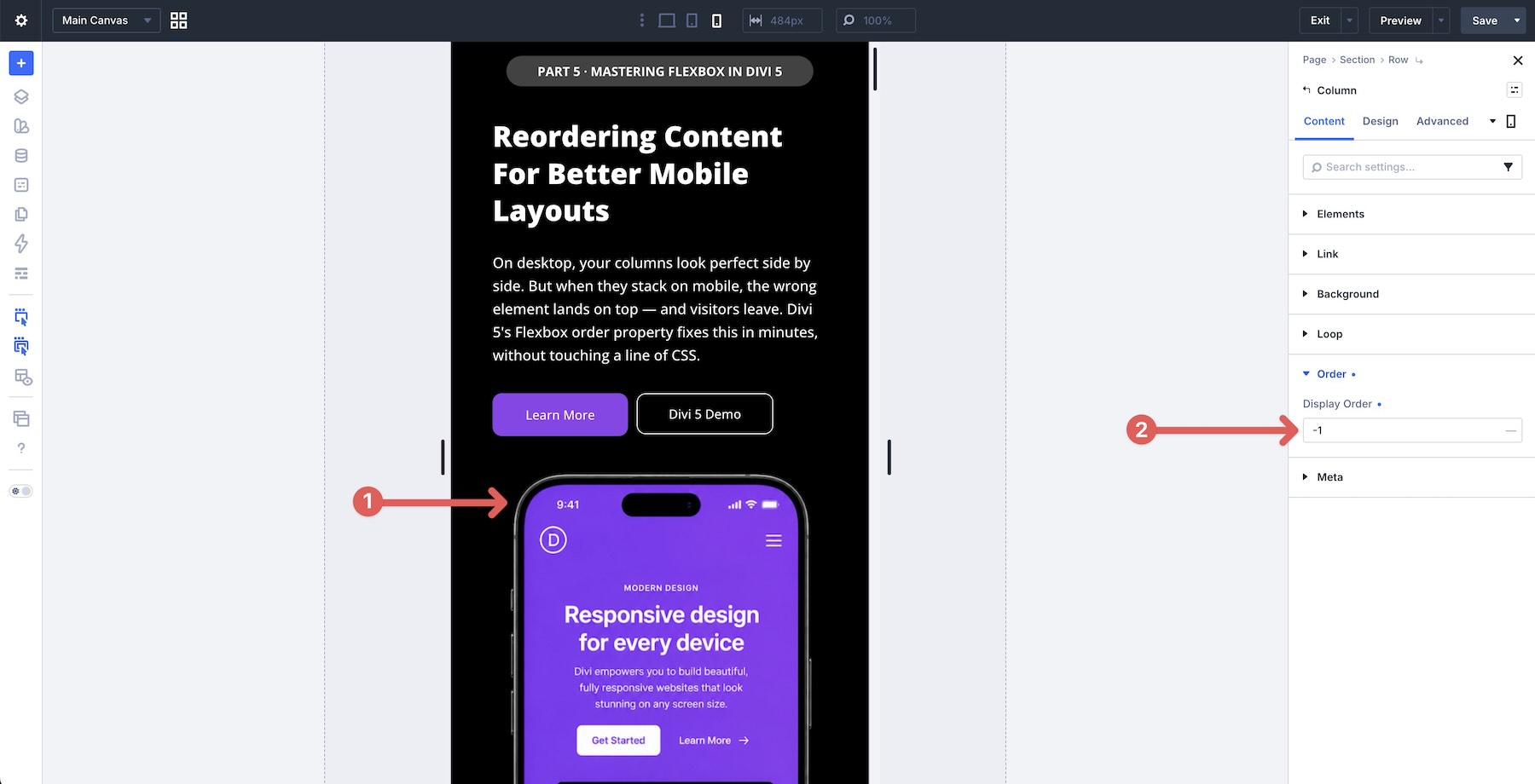 using display order in Divi 5