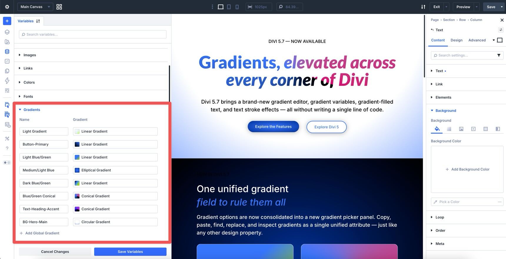 Gradient Picker opened from the Divi 5 Variable Manager