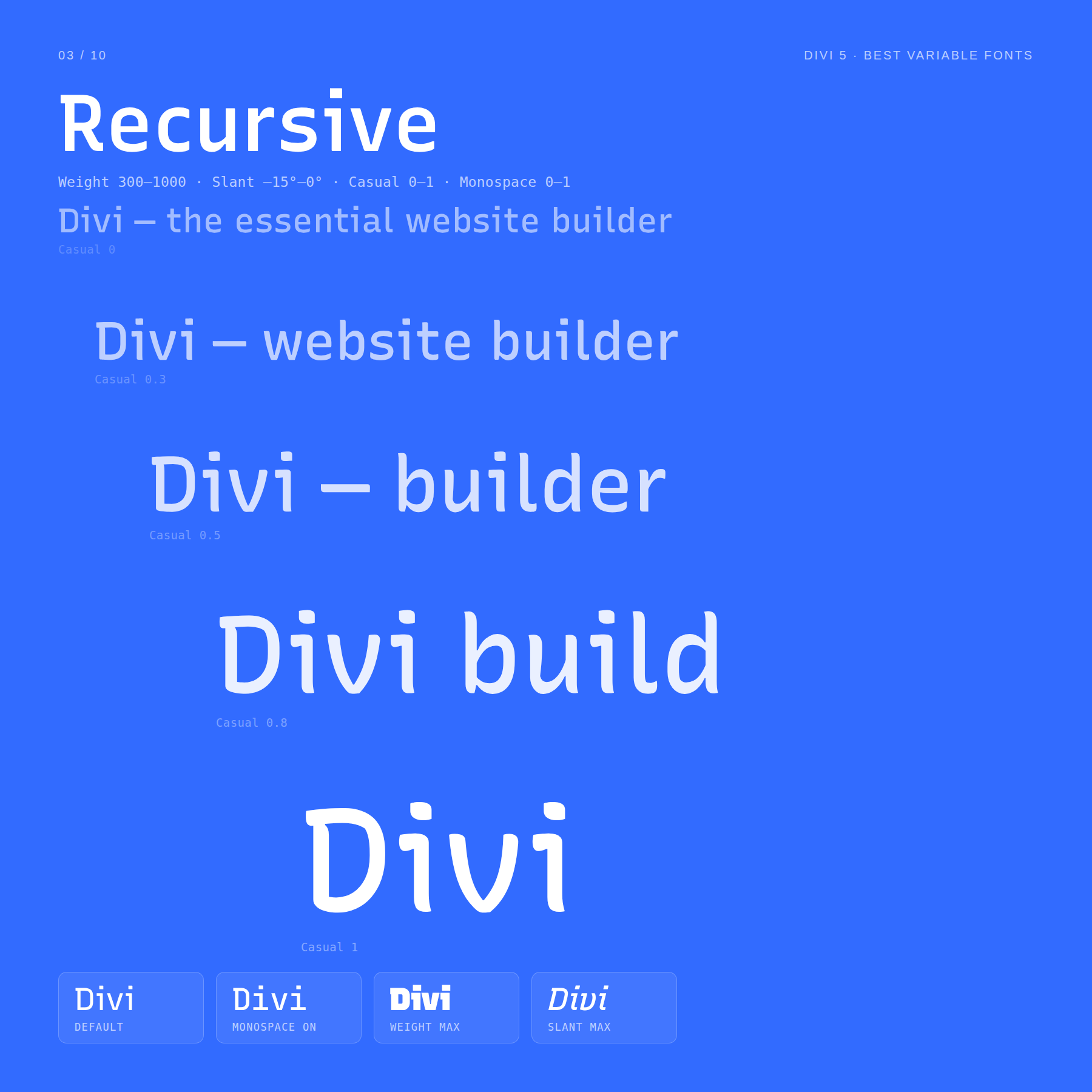 Recursive variable font casual, monospace, weight, and slant comparison