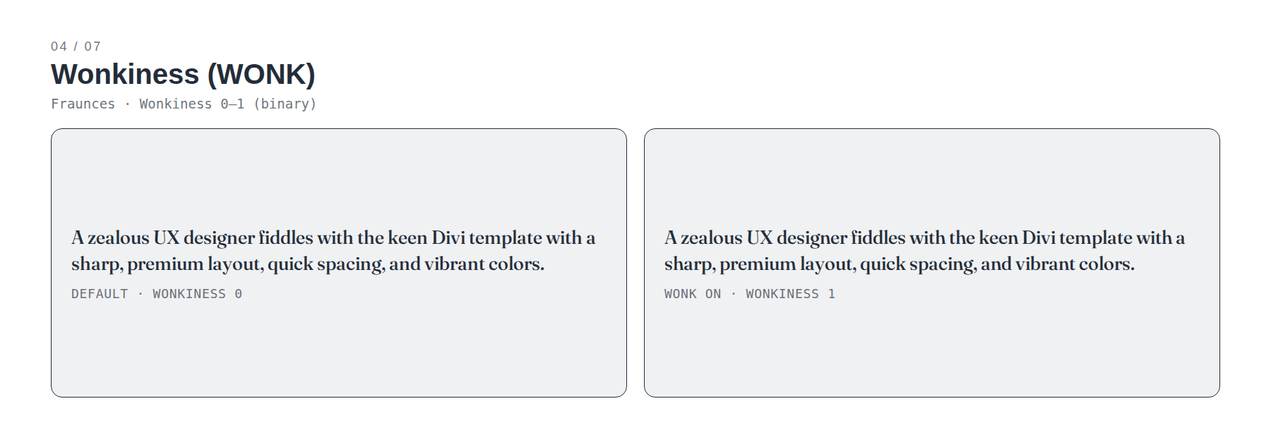 Fraunces wonk axis comparison showing more irregular letterforms