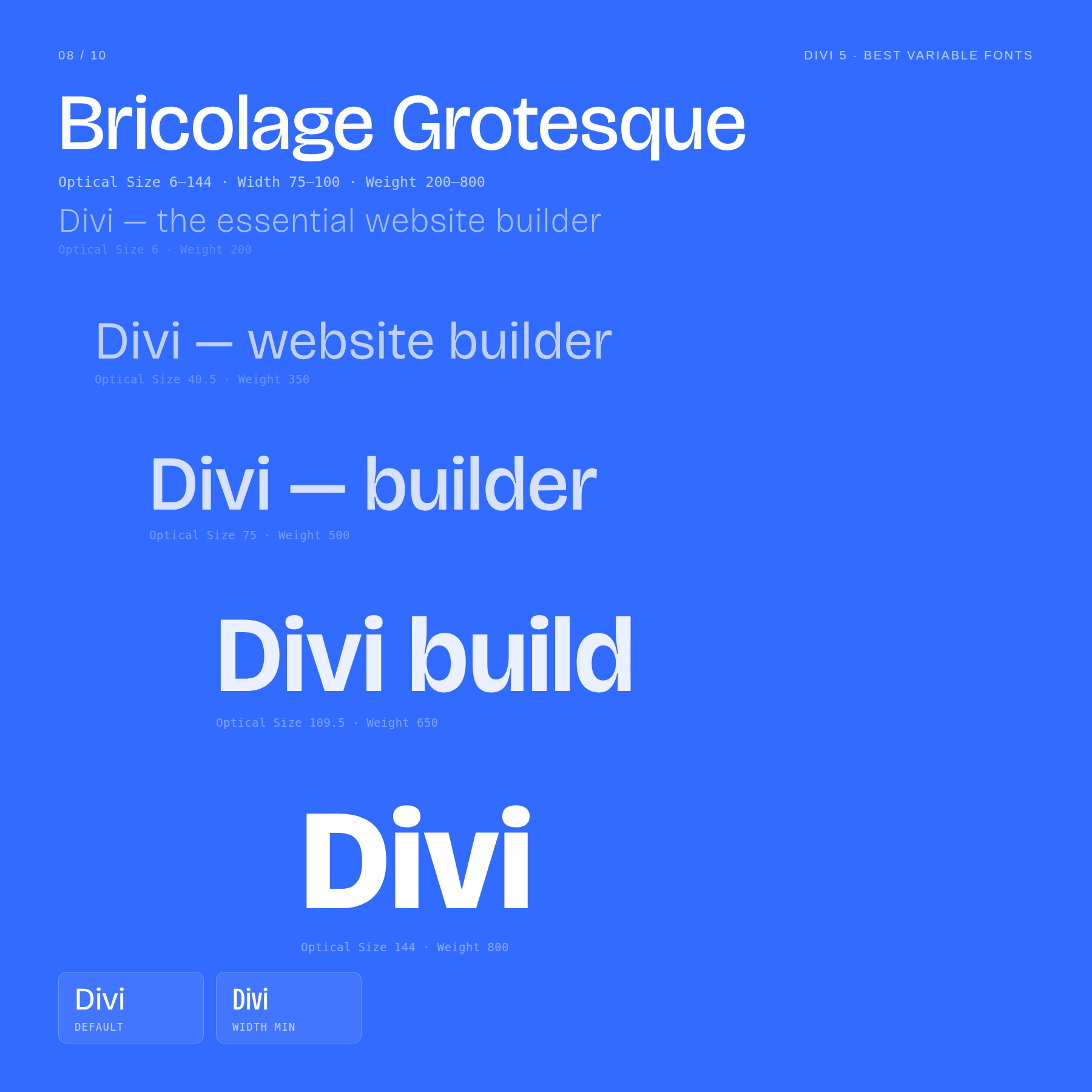 Bricolage Grotesque variable font optical size, weight, and width comparison
