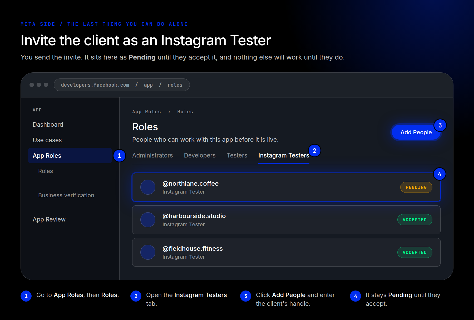 A pending Instagram Tester invite on the App Roles screen